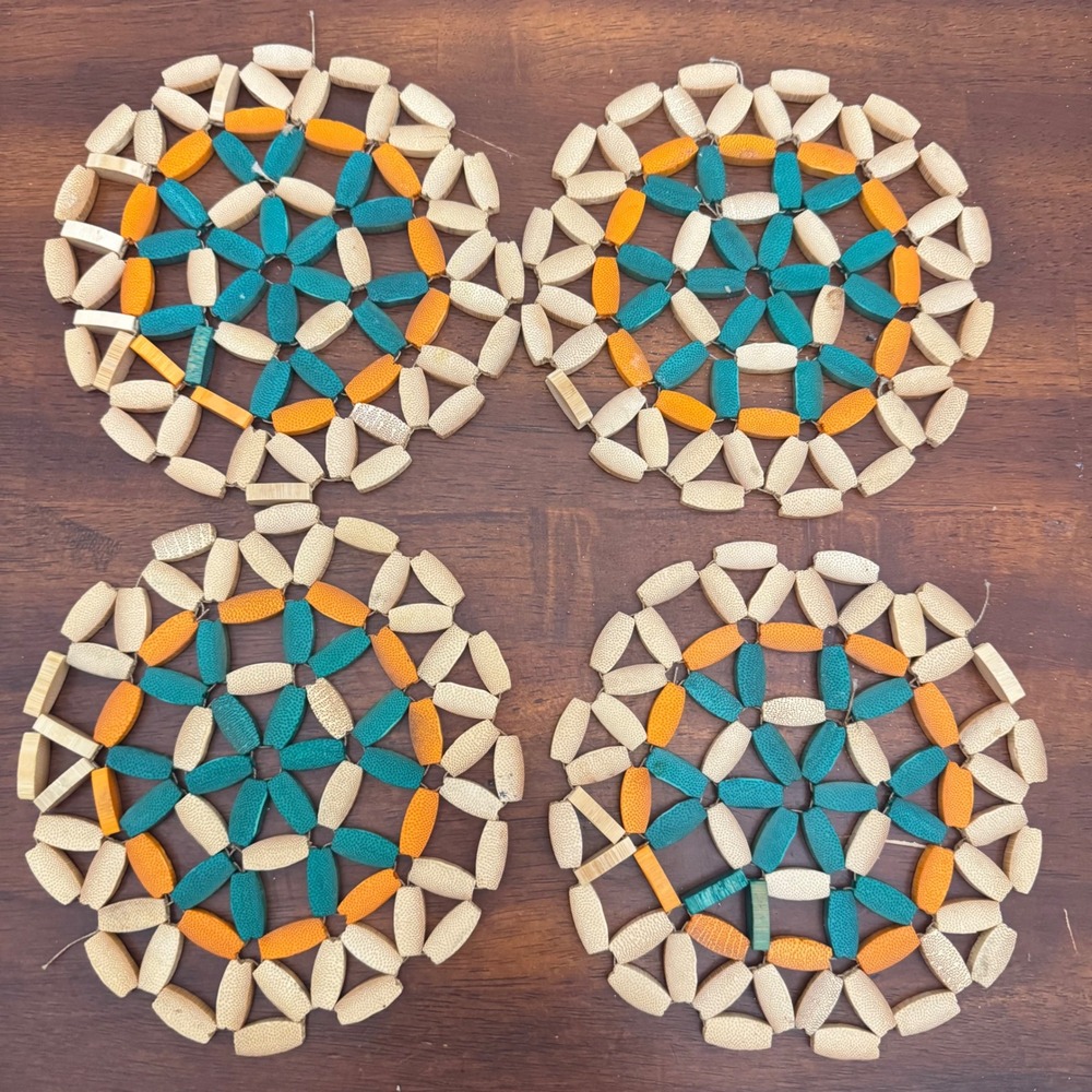 VTG 70s‎ 4*Round Bamboo Coasters Teal Orange Floral Design Kitchen Dining Decor